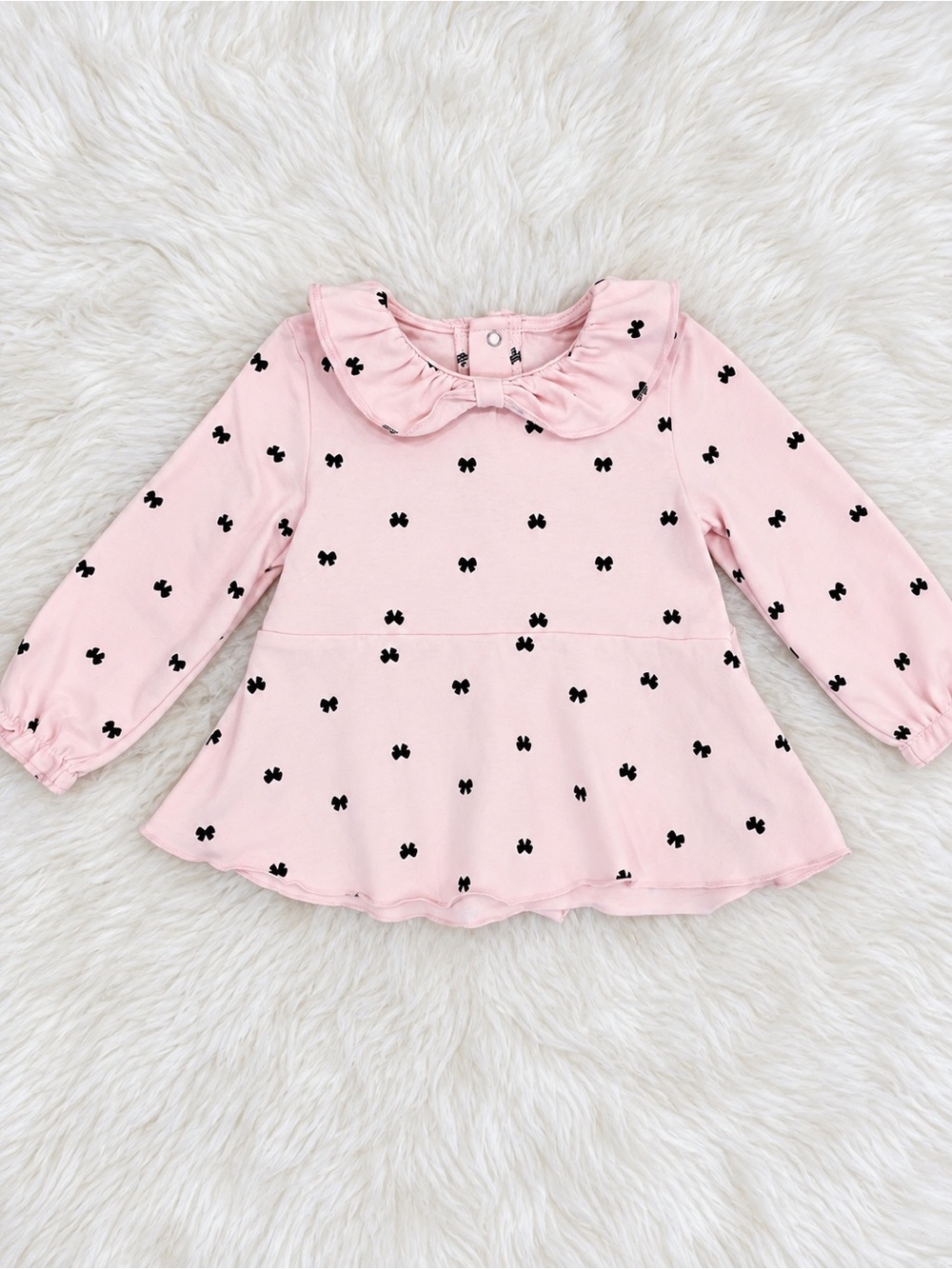 Pink Long-Sleeve Ruffle Collar Top with Black Bow Print